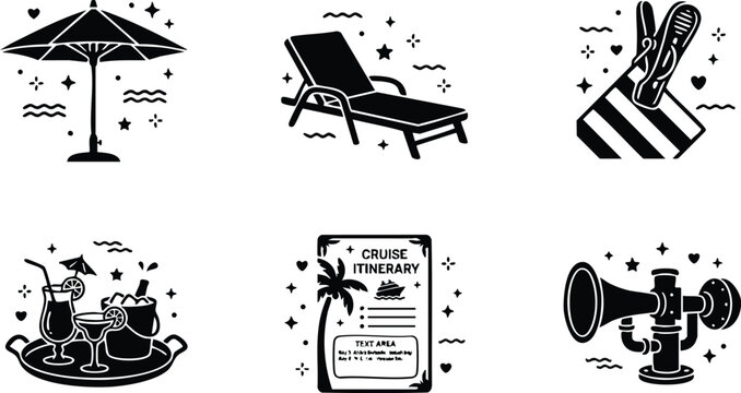 Black and white cruise itinerary with tropical drinks lounge chair and beach umbrella vector art