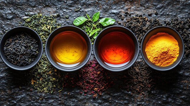 A tea brand showcases its commitment to local communities and sustainability, featuring an assortment of teas and herbs arranged on a rustic background.