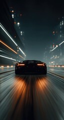 Fototapeta premium Futuristic car speeding through a city at night