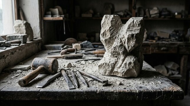 Detailed description of a stone sculpture in progress on a dusty workbench with carving tools in a rustic workshop.
