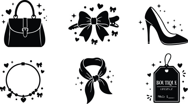 Black silhouette boutique fashion icons including handbag bow high heel necklace scarf and price tag