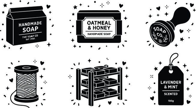 Black and white handmade soap packaging stamp spool and shelf vector line art
