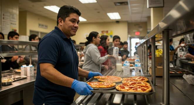 Man serving food in kitchen.