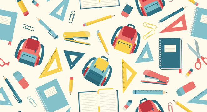 Colorful school supplies and backpacks scattered.