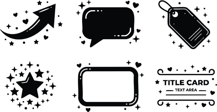 Black and white sparkle star arrow chat tag and title card vector art