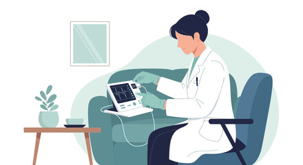 Fototapeta premium Doctor in white coat using medical device with ECG graph on screen, healthcare concept