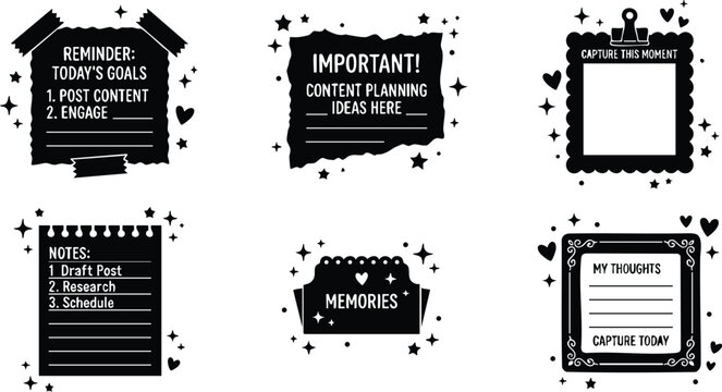 Black and white note reminders with stars hearts and goals texts vector art