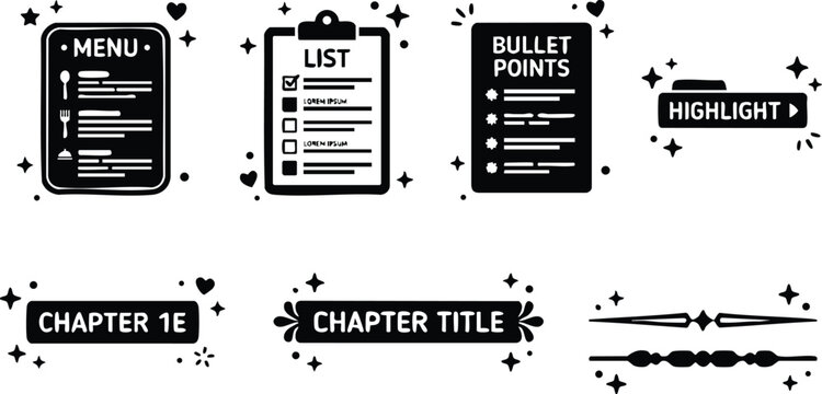 Black and white vector icons menu list bullet points chapter title highlight decorative accents