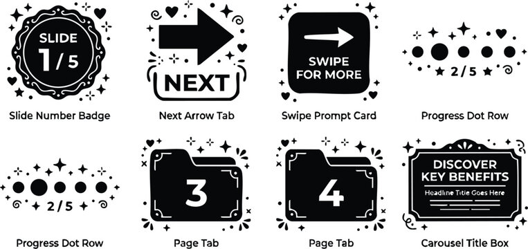 Black and white slide number badge next arrow swipe prompt page tab and carousel title box vector icons