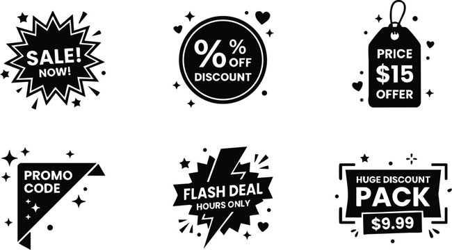 Black and white sale now starburst badge and discount promo code icons