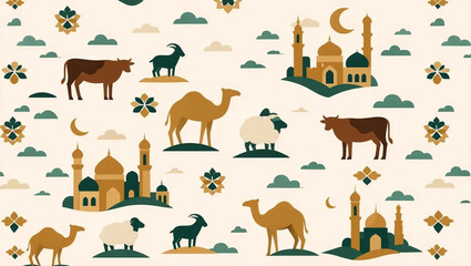 Obraz premium brown cows, green sheep and goats, a camel, mosque silhouettes, golden floral ornaments, crescent moons, stars and clouds.