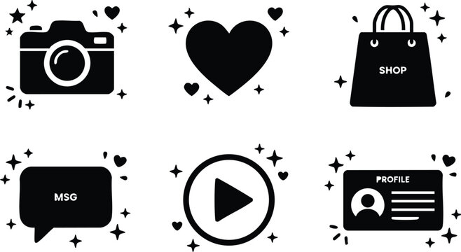 Black and white social media icons with hearts and stars