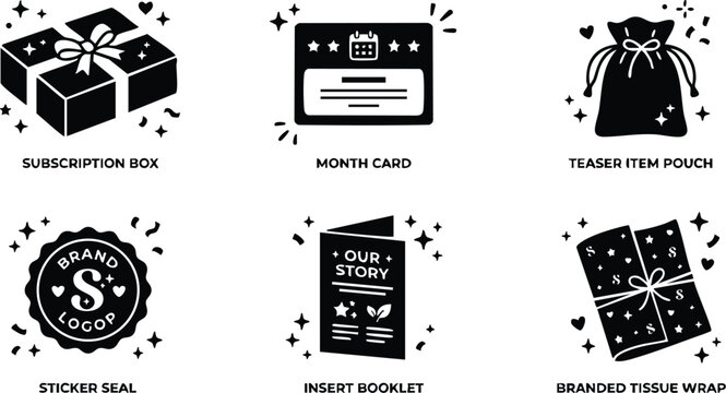 Black and white subscription box month card teaser pouch sticker seal booklet tissue wrap vector art