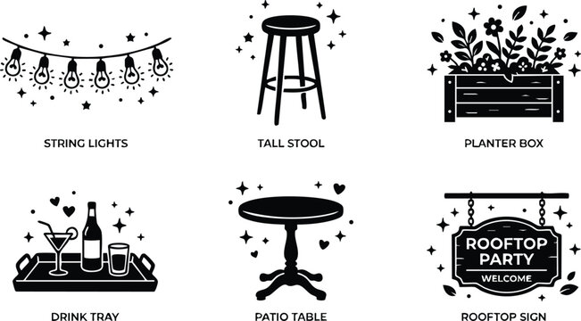Black and white rooftop party icons with string lights tall stool planter box and drink tray