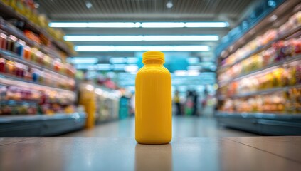 Fototapeta premium Bright yellow bottle in a supermarket aisle