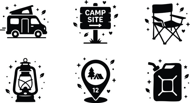 Black camping icons including camper van lantern camp site and fuel can
