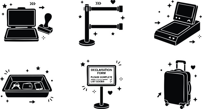 Black suitcase security checkpoint icons with luggage scanners and declaration form