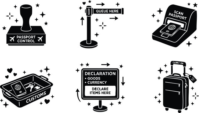 Black and white passport control customs luggage queue line and declaration icons vector art