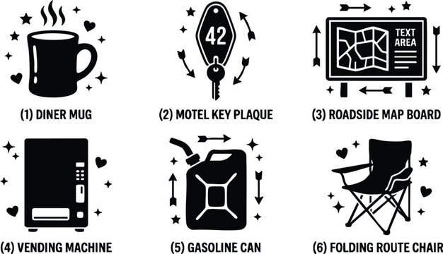 Black diner mug motel key plaque roadside map board vending machine gasoline can folding route chair vector art