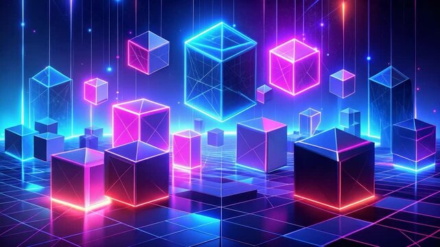 Neon cubes float in a digital space. Glowing lines and lights create a futuristic feel