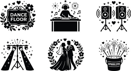 Fototapeta premium Black and white wedding couple dancing with floral wreath and sparklers bucket vector art