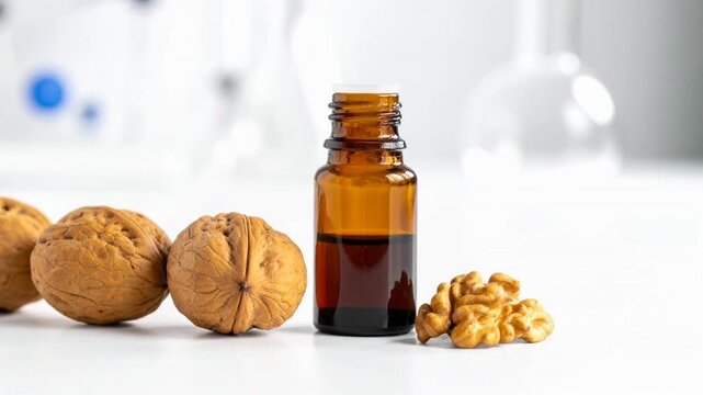 A dark oil bottle stands among walnuts and shelled pieces on a clean white surface. It symbolizes natural nut oil, healthy nutrition, or skincare ingredients.