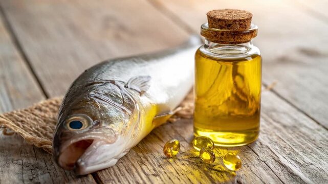 This static shot features fresh fish, fish oil, and capsules on a wooden background. It represents healthy nutrition, natural supplements, and seafood benefits.