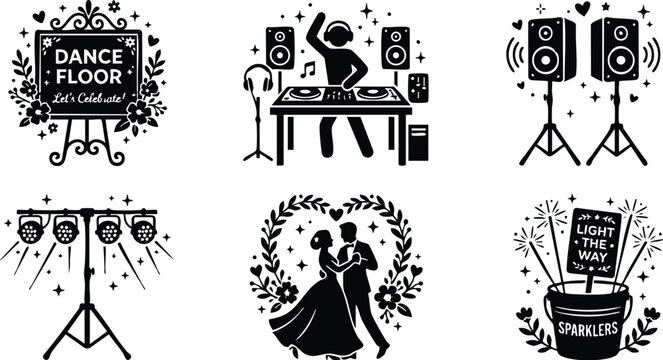 Black and white couple dancing with music speaker and dance floor decorations vector art