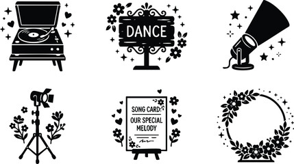 Obraz premium Black and white dance sign song card floral spotlight record player vector art