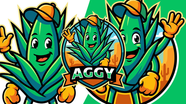 Cartoon aloe vera characters logo.
