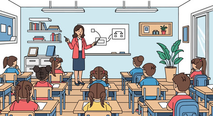 Teacher standing in classroom with students 1.