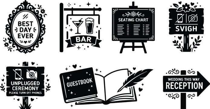 Black and white wedding signage set with guestbook bar reception and seating chart vector art