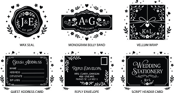 Black and white wedding stationery set with wax seal belly band vellum wrap and address cards