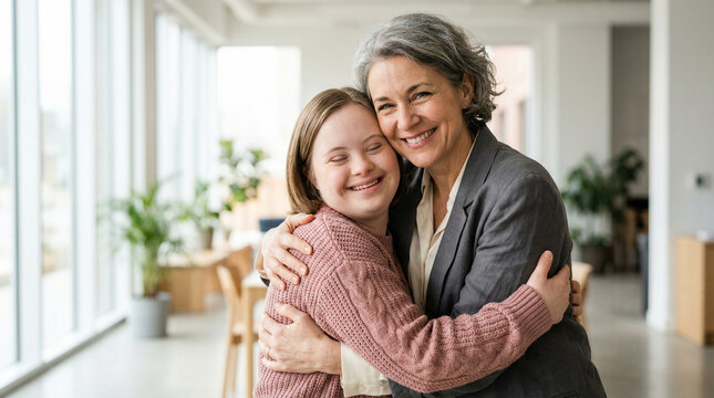 Happy senior woman hugging a young girl with down syndrome in a bright apartment. family care, inclusive lifestyle, generational love.