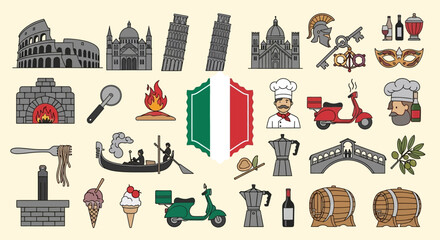Italy Travel and Culture Icons Set: Vector Illustrations of Landmarks, Food, and Traditional Symbols © ZIIZE STUDIO