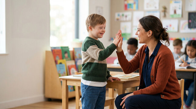 Female teacher giving a high five to a young boy in a bright classroom. educational success, supportive learning, school life.