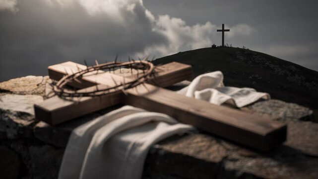 Wooden cross and crown of thorns on stone wall with white cloth symbolizing Easter and faith