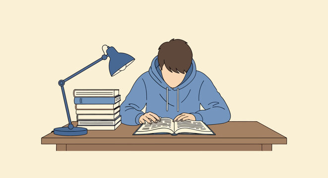 Young adult studying with book and lamp.