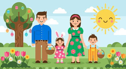 Fototapeta premium Happy Family Celebrating Easter Egg Hunt in Sunny Garden, Cute Flat Vector Illustration of Parents and Kids with Baskets, Spring Holiday Concept
