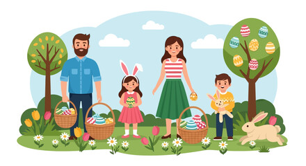 Fototapeta premium Happy Family Celebrating Easter Egg Hunt in a Spring Garden with Baskets and Decorated Eggs, Flat Vector Illustration Concept for Holiday Greeting Cards and Banners.