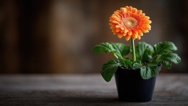 Orange gerbera daisy in dark pot on wooden table