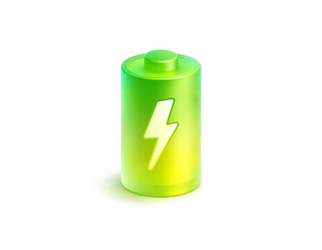 Glossy 3D battery icon in green and yellow tones with a lightning bolt symbol, representing full charge, power and modern energy efficiency.