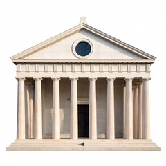 Fototapeta premium Neoclassical style building facade featuring stone columns pediment and round window set against a bright white background for design use