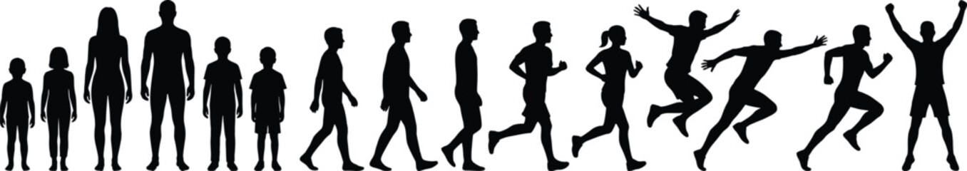 Diverse Human Silhouettes Representing Family Life Growth and Active Lifestyle Transitions From Standing and Walking to Running and Success © PINKI