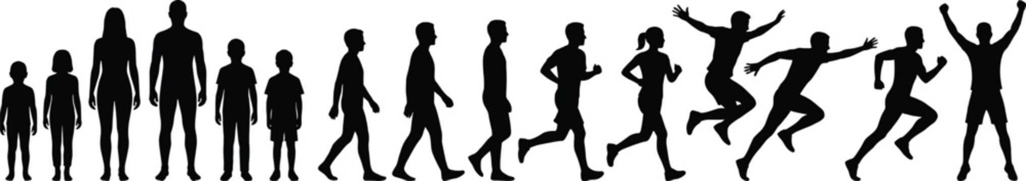 Diverse Human Silhouettes Representing Family Life Growth and Active Lifestyle Transitions From Standing and Walking to Running and Success