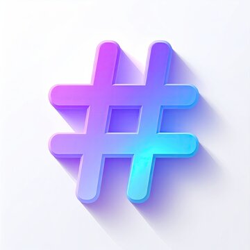 Neon hashtag symbol in vibrant purple and blue gradient against a clean white backdrop casting a soft shadow in a modern style