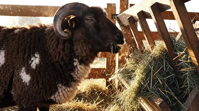 Brown Ram with Large Horns Eating Hay from a Wooden Feeder