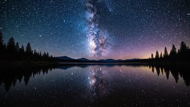 Milky Way Galaxy Reflecting on Still Lake Under Starry Night Sky