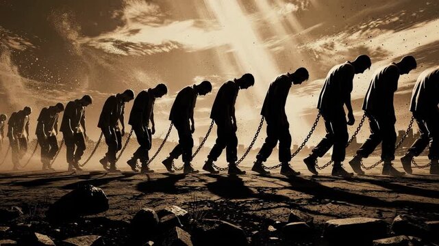 Shadowy figure dragging heavy chains across barren landscape symbolizing struggle and burden