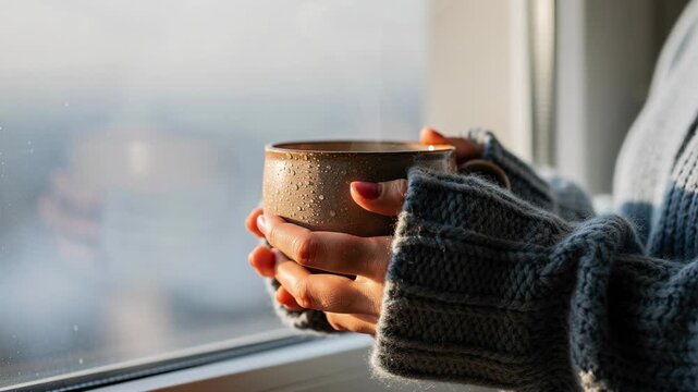 Cozy moment with chunky knitted sweater holding steaming mug by warm window light